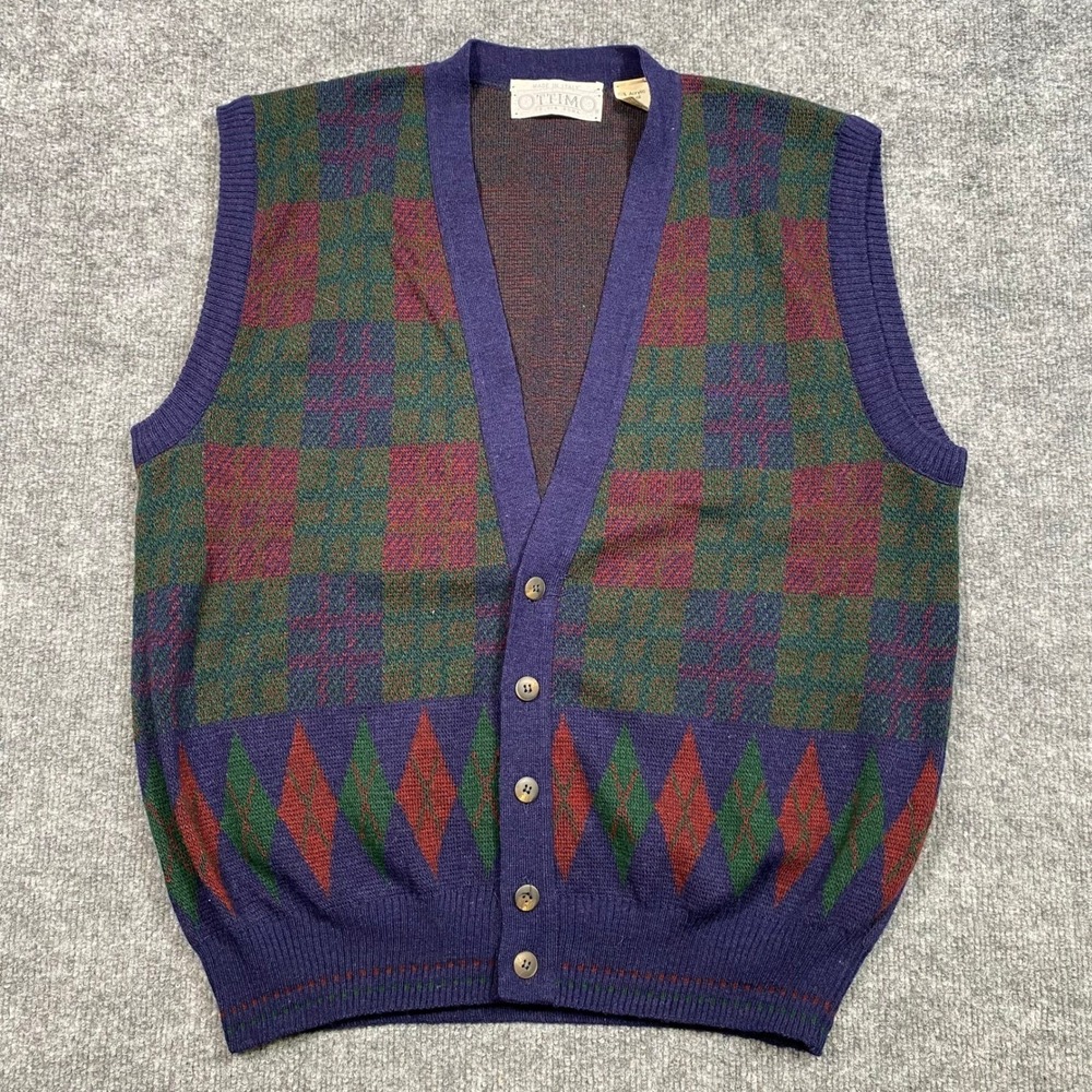 Ottimo 18 Via Roma Mens Purple Argyle Plaid Wool Blend Cardigan Sweater Vest L